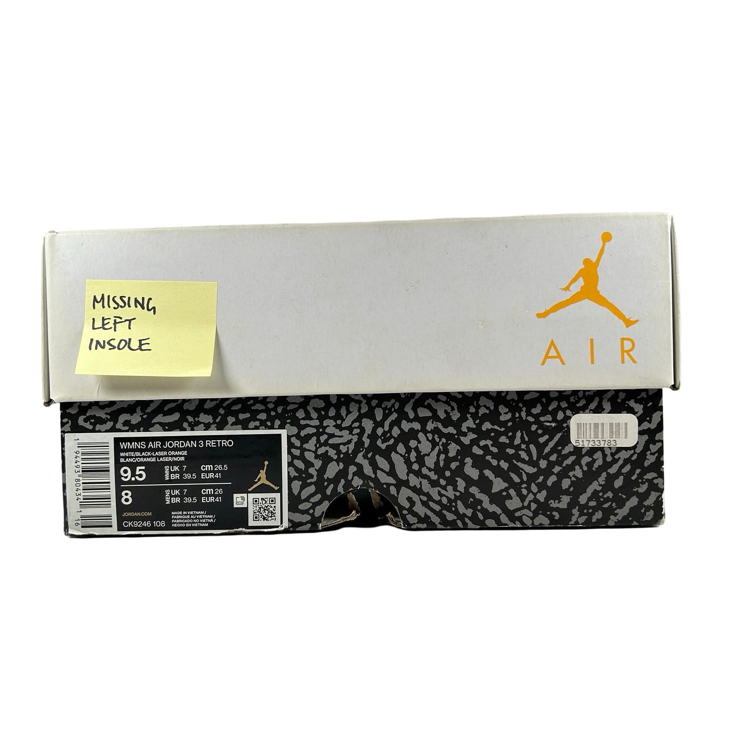 CK9246 108 Jordan 3 Retro Laser Orange (Women's) [USED] - 9.5 W (Used) (Missing Left Insole)