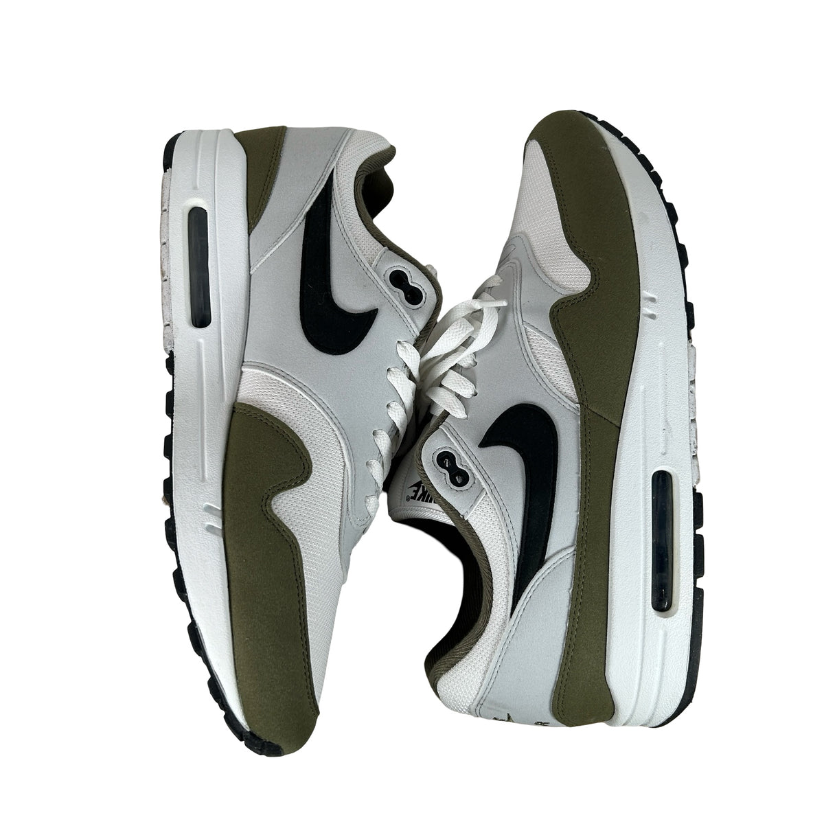 FD9082 102 Nike Air Max 1 White Black Medium Olive [USED] - 13 M (Used2)