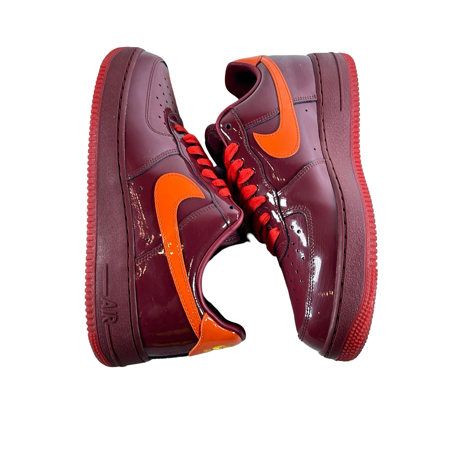IO4489 601 Nike Air Force 1 Low Patent Leather Dark Team Red Safety Orange [USED] - 9.5 M (Used)