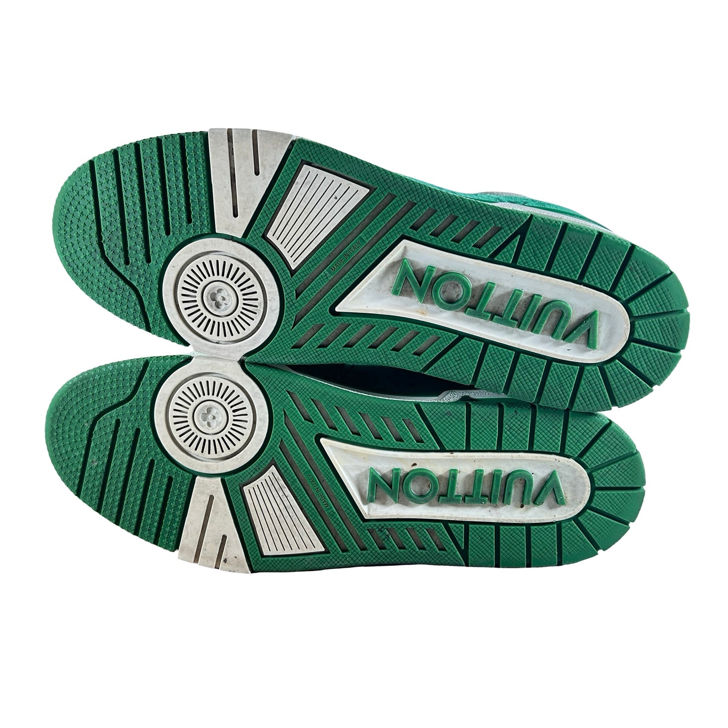 1A9JHV Louis Vuitton Trainer Green Monogram Denim White [USED] - 9 LV (10-10.5 US) (Used)