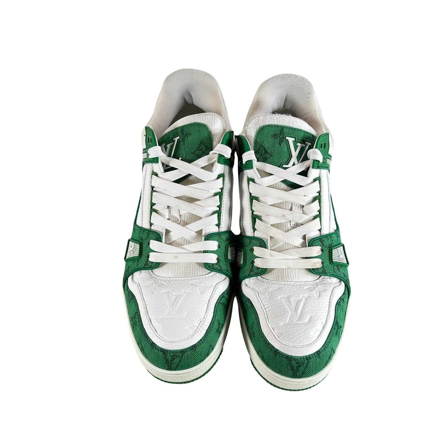 1A9JHV Louis Vuitton Trainer Green Monogram Denim White [USED] - 9 LV (10-10.5 US) (Used)