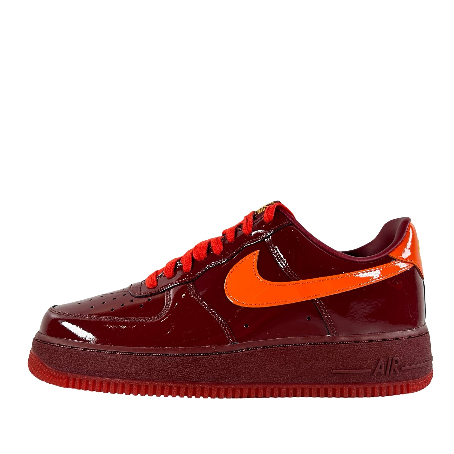 IO4489 601 Nike Air Force 1 Low Patent Leather Dark Team Red Safety Orange - 9.5 M (Small Scuff On Inner Right Heel)