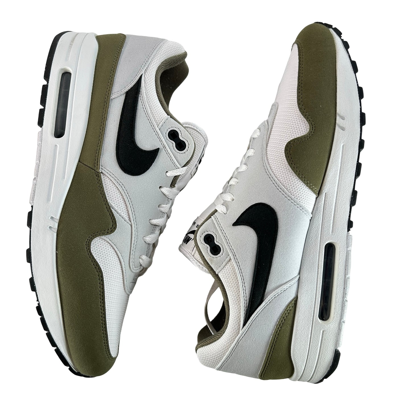 FD9082 102 Nike Air Max 1 White Black Medium Olive [USED] - 13 M (Used)