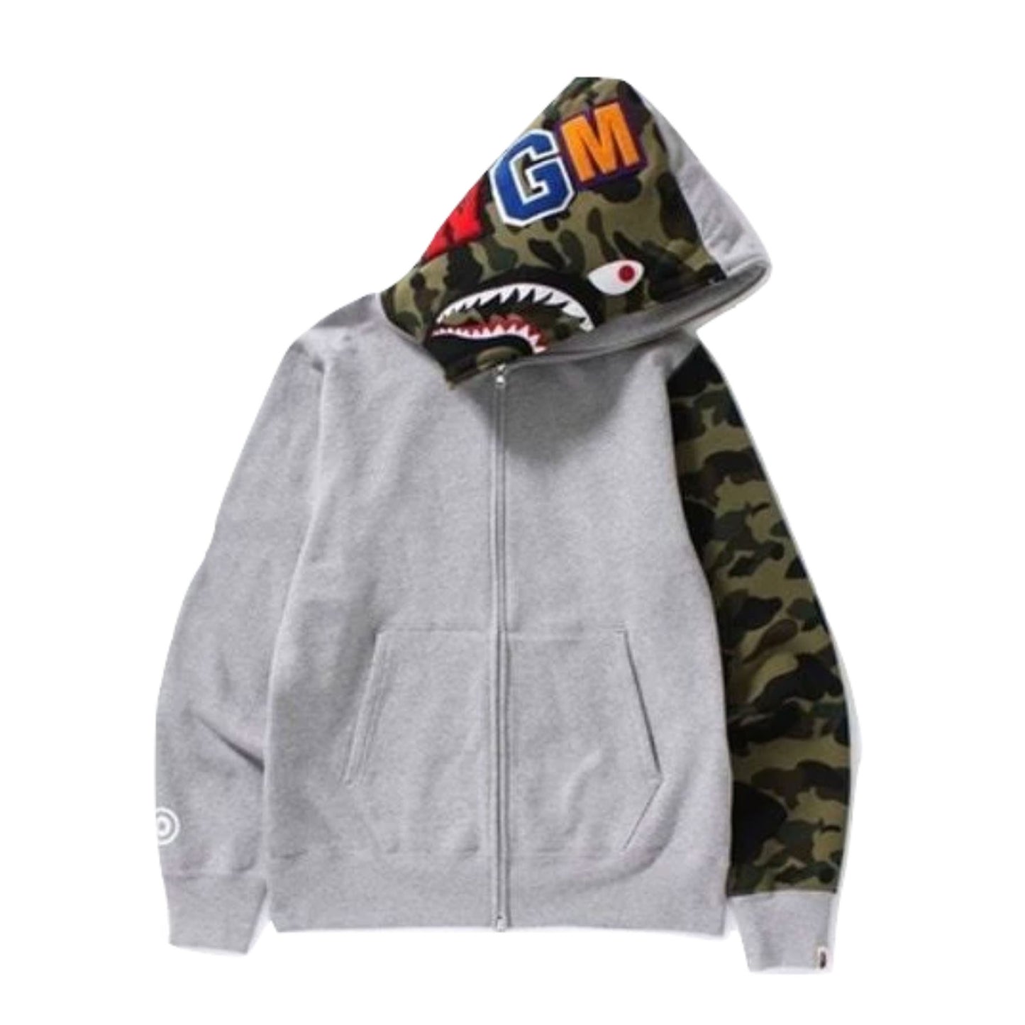 A Bathing Ape Shark Full Zip Hoodie - Grey/Green Camo Hood & Sleeve [USED] - L (Used)