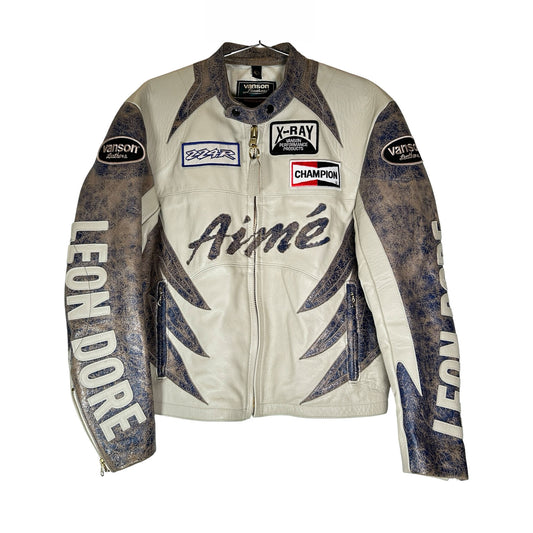 Aime Leon Dore x Vanson Distressed Leather Moto Jacket Blue/Cream [USED] - M (Used)