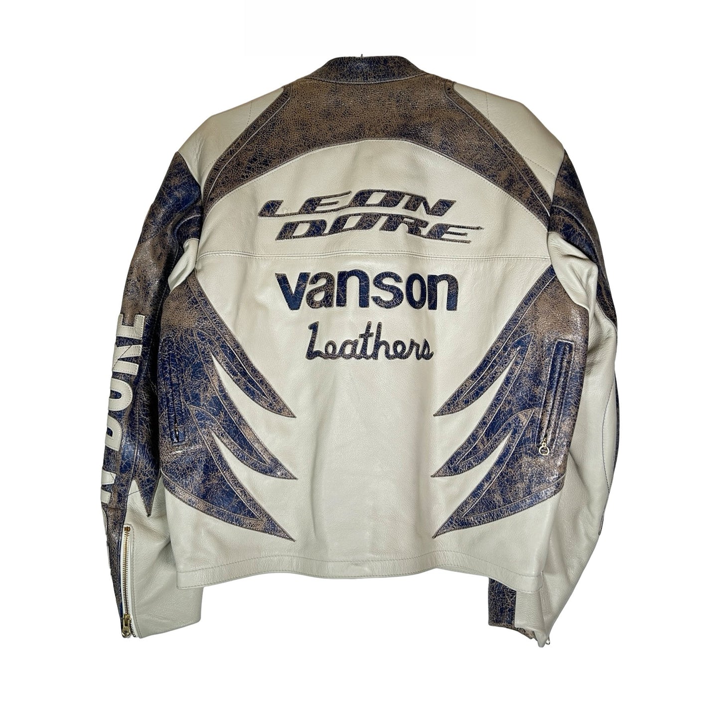 Aime Leon Dore x Vanson Distressed Leather Moto Jacket Blue/Cream [USED] - M (Used)