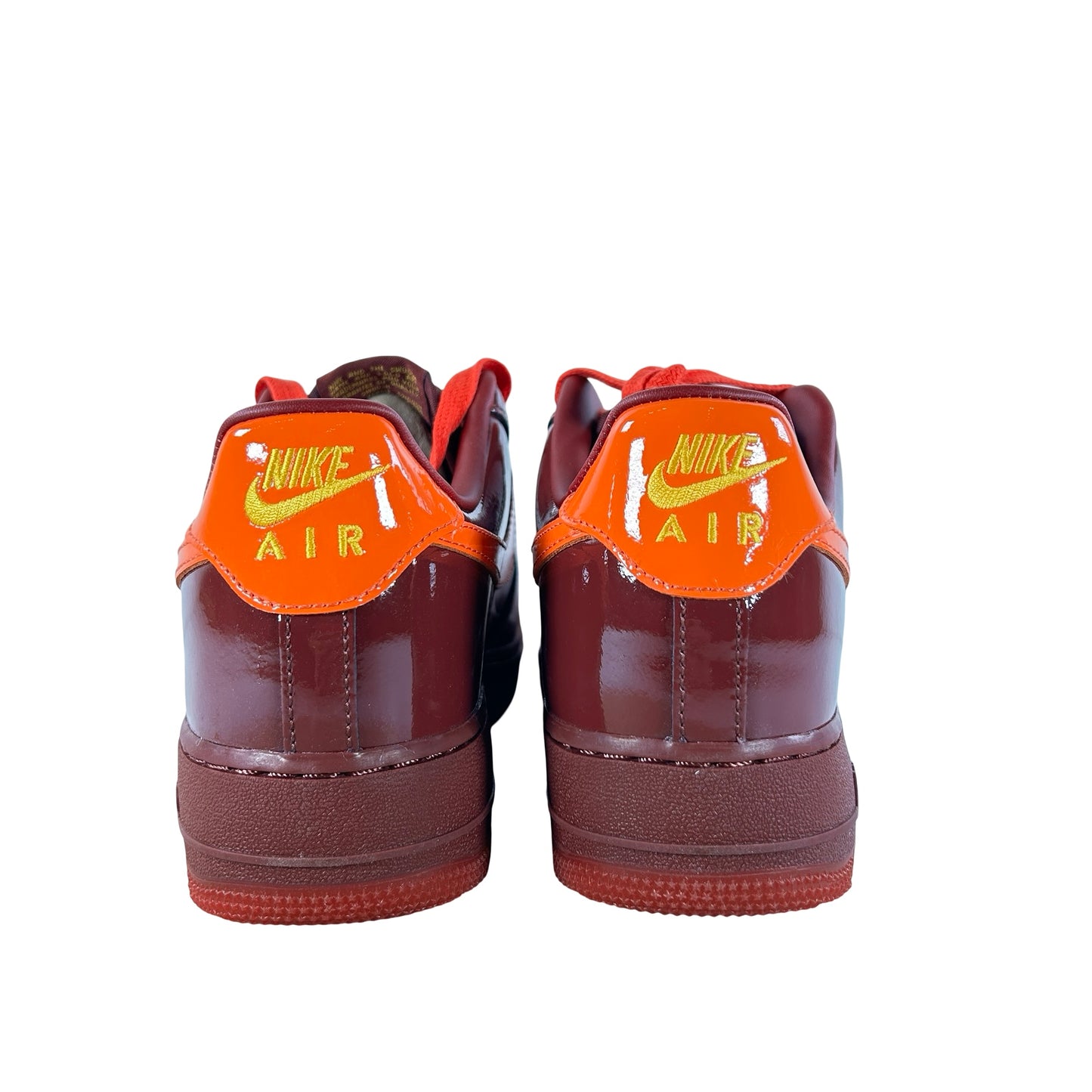 IO4489 601 Nike Air Force 1 Low Patent Leather Dark Team Red Safety Orange - 9.5 M (Small Scuff On Inner Right Heel)