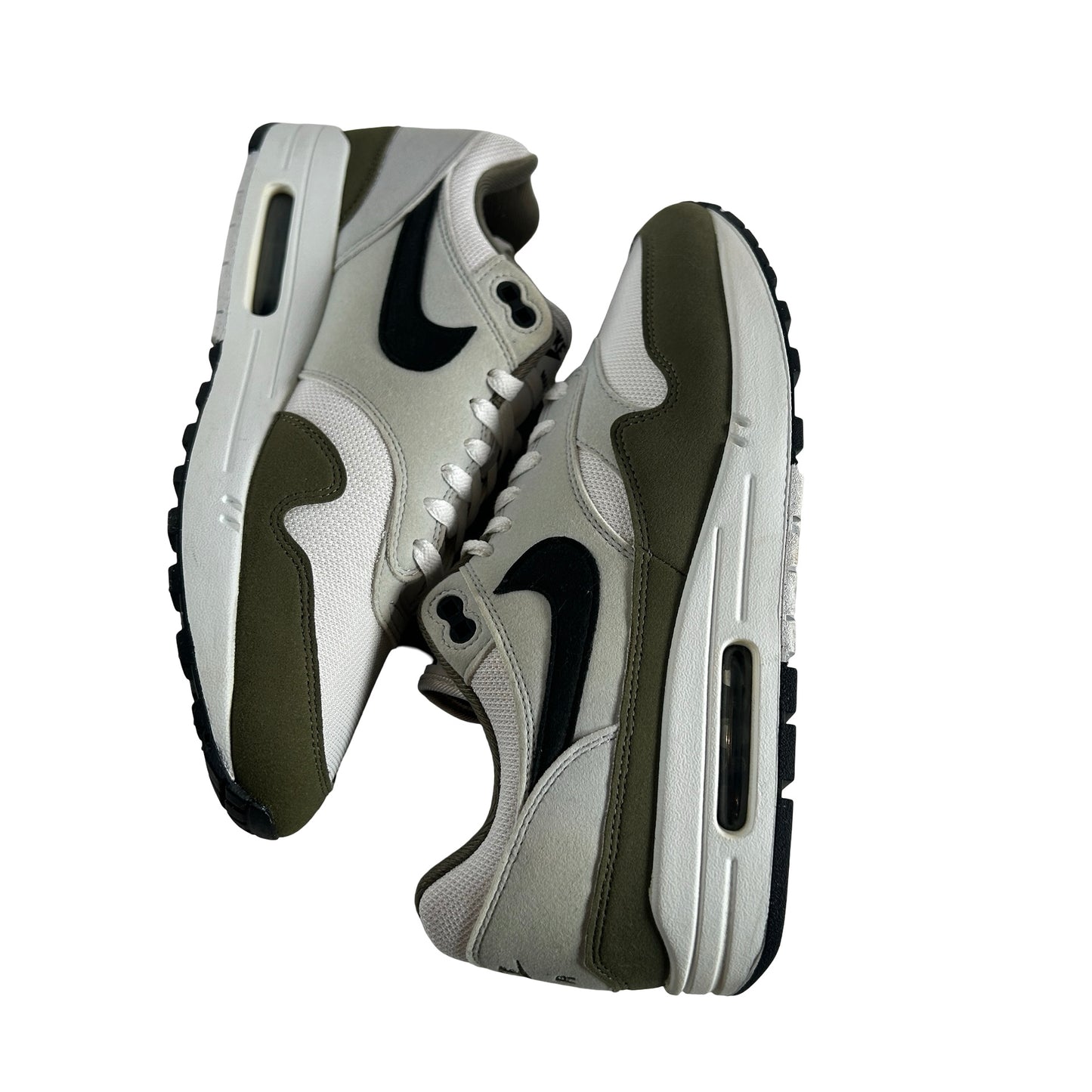 FD9082 102 Nike Air Max 1 White Black Medium Olive [USED] - 10 M (Used)