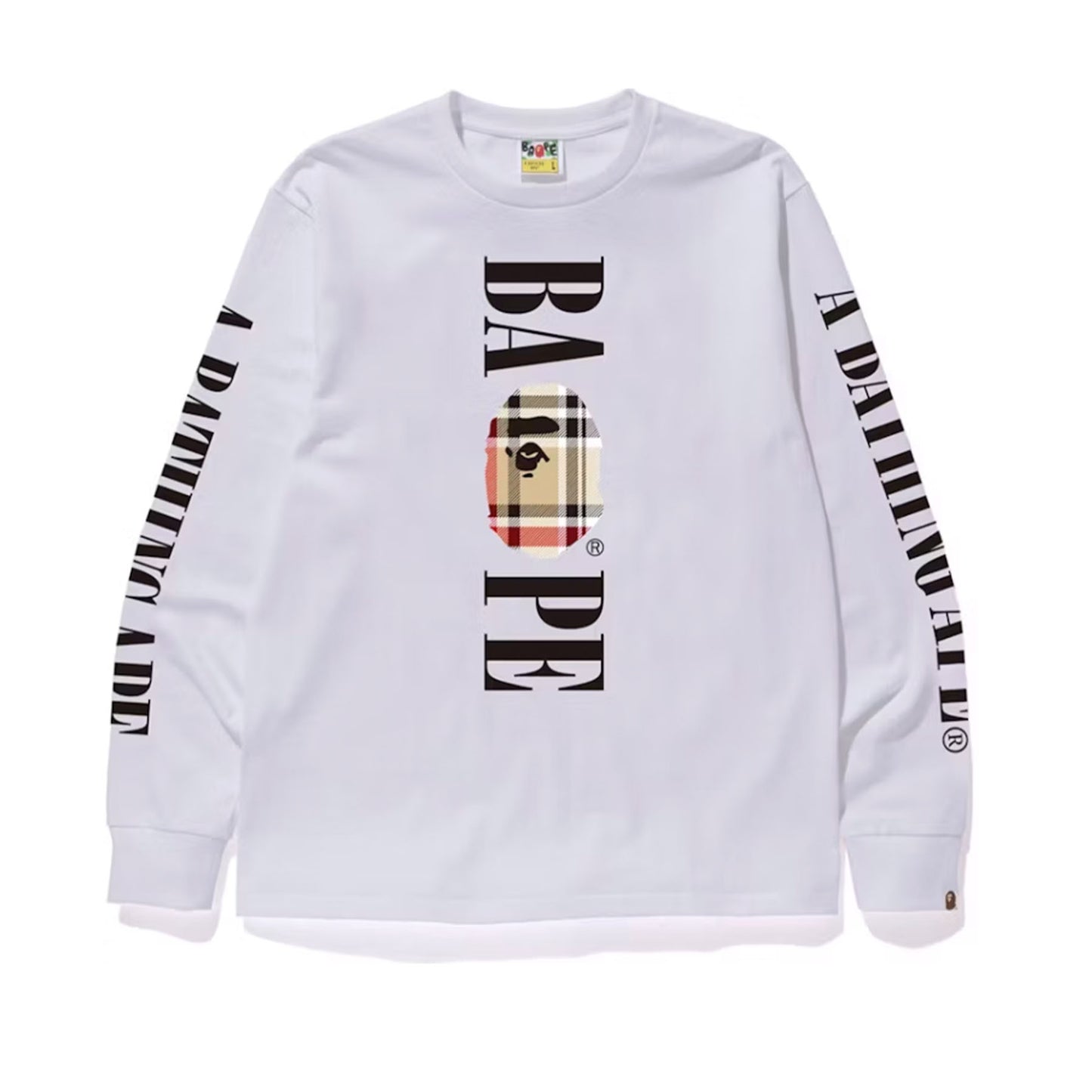 BAPE Check Bape Logo L/S TeeWhite/Beige [USED] - 3XL (Used)
