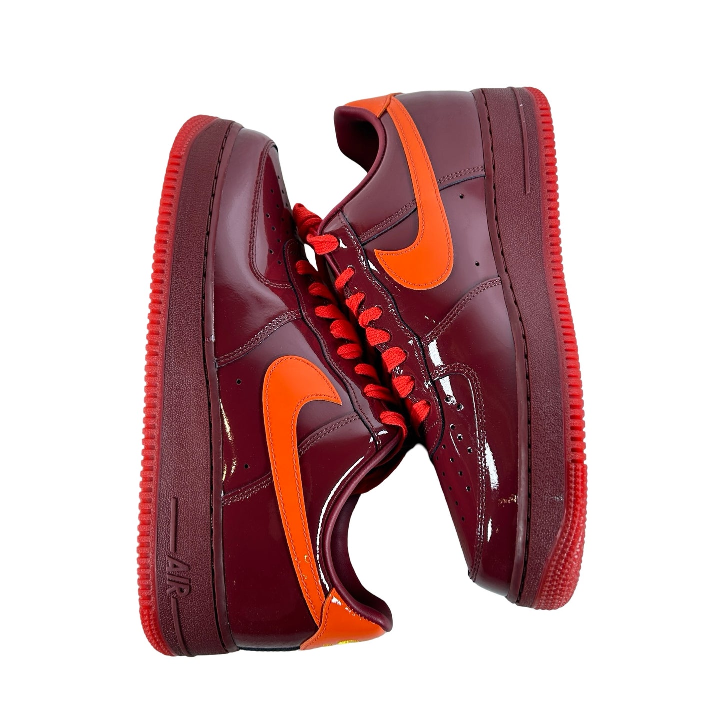 IO4489 601 Nike Air Force 1 Low Patent Leather Dark Team Red Safety Orange - 9.5 M (Small Scuff On Inner Right Heel)