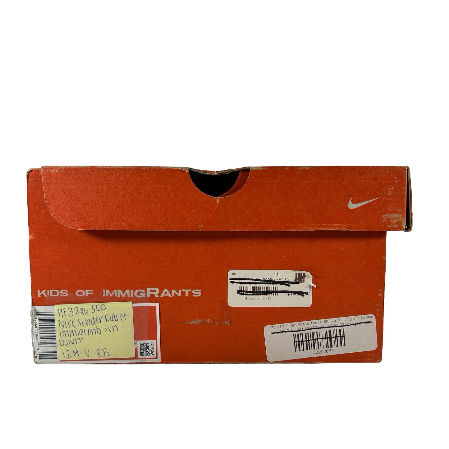 HF3286 500 Nike Air Max Sunder SP Kids of Immigrants Sun Down [USED] - 12 M (Used) (Replace Box)