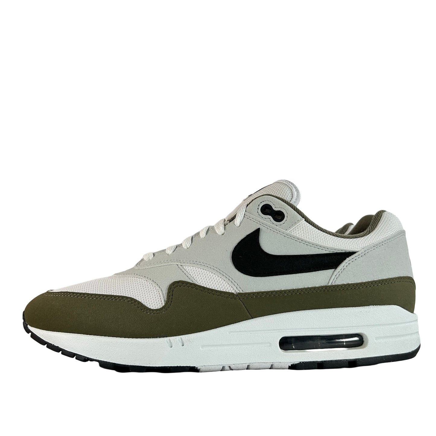 FD9082 102 Nike Air Max 1 White Black Medium Olive [USED] - 13 M (Used)