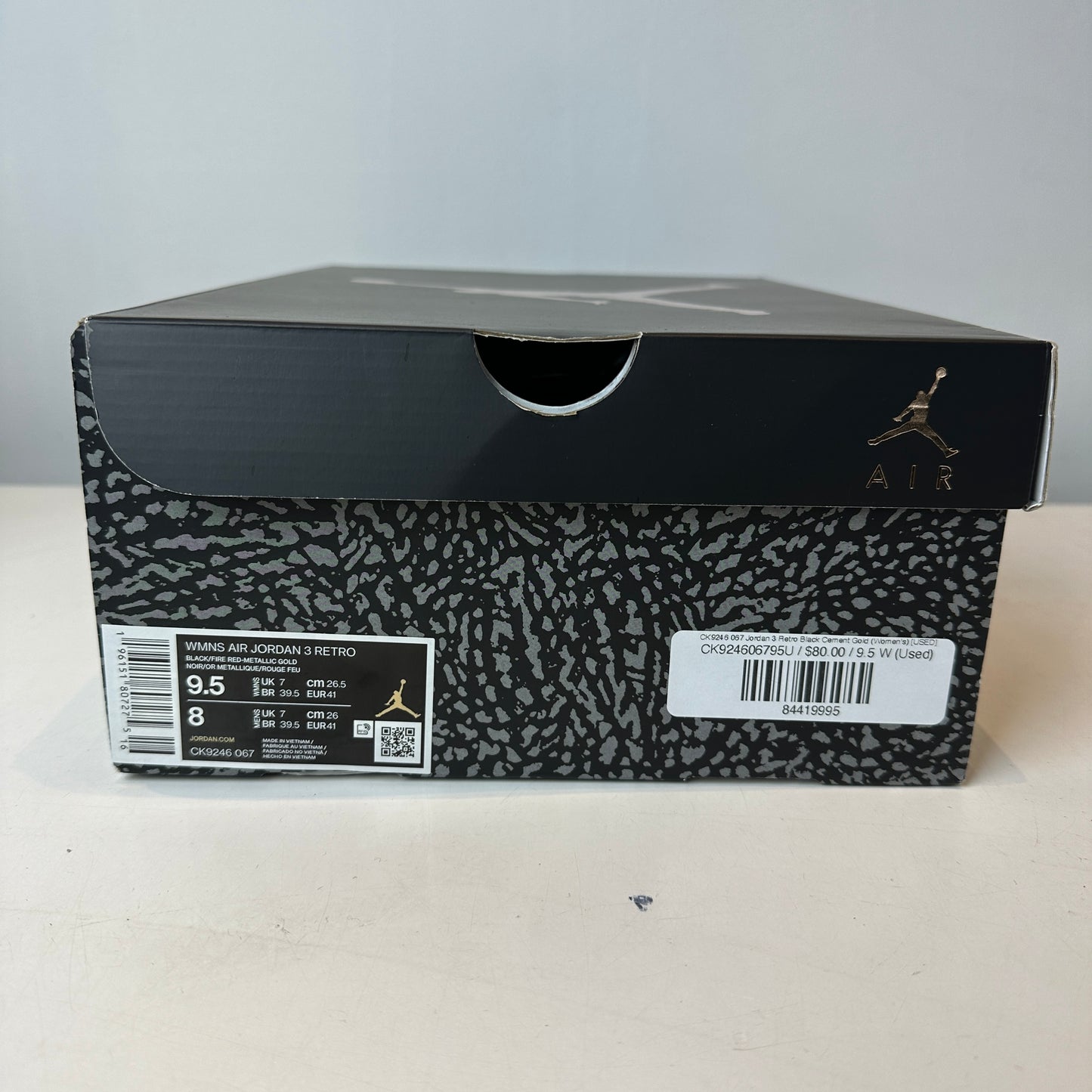 CK9246 067 Jordan 3 Retro Black Cement Gold (W) [USED] - 9.5 W (Used)