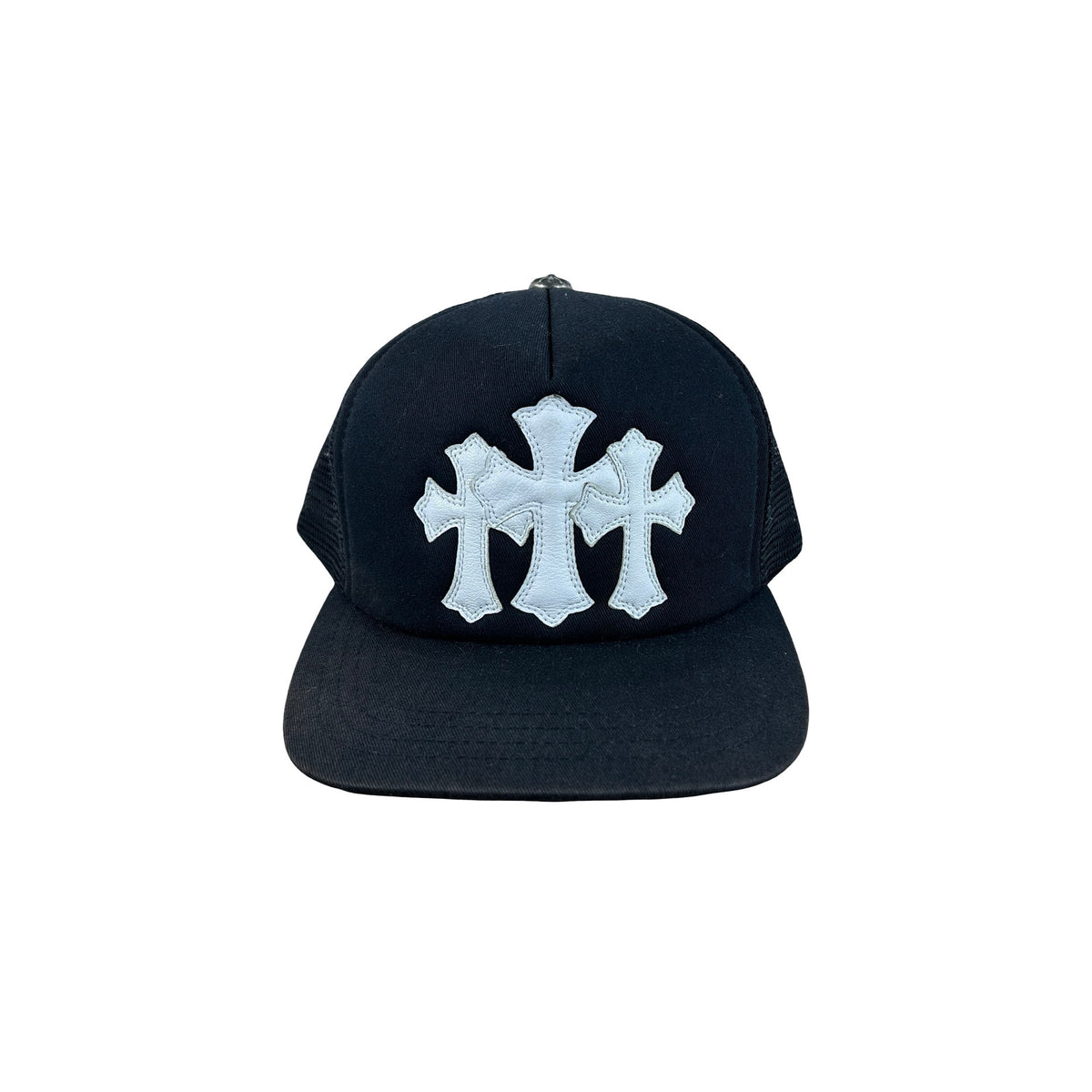 Chrome Hearts White Leather Triple Cemetery Cross CH Trucker Hat Black (USED)