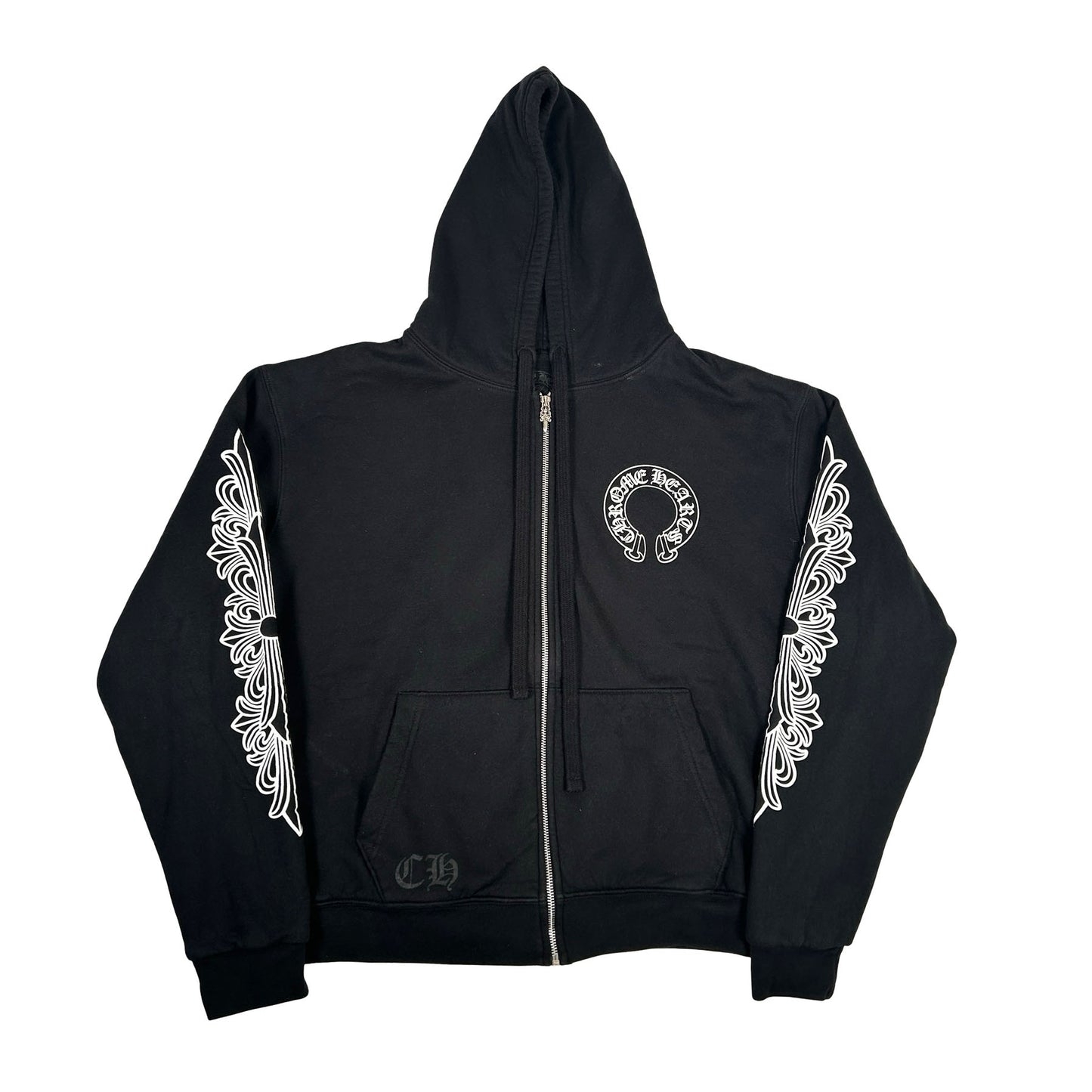 Chrome Hearts Horseshoe Floral Cross Sleeve Thermal Lined Zip Up Hoodie Black/White [USED] - S (Used)