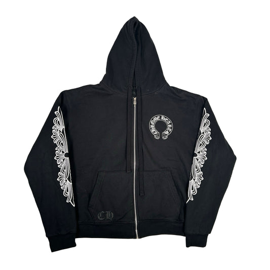 Chrome Hearts Horseshoe Floral Cross Sleeve Thermal Lined Zip Up Hoodie Black/White [USED] - S (Used)