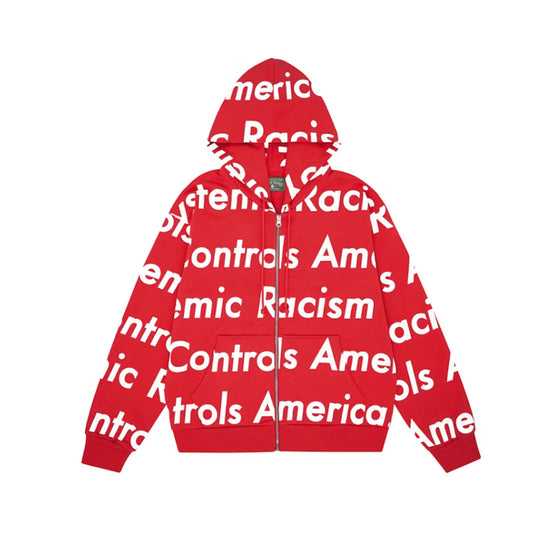 Denim Tears x Arthur Jafa Systemic Racism Controls America Zip Up Hoodie Red