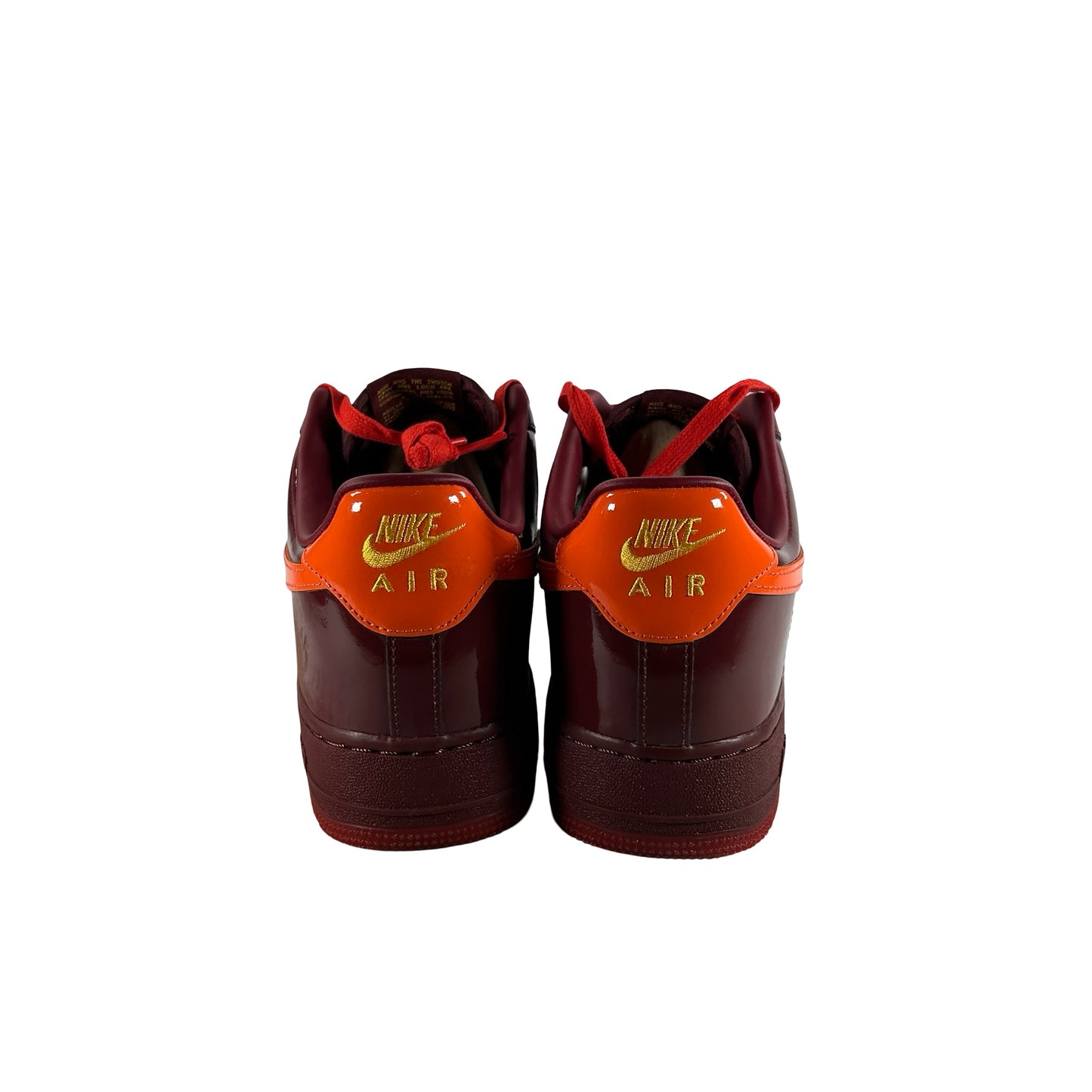 IO4489 601 Nike Air Force 1 Low Patent Leather Dark Team Red Safety Orange [USED] - 11.5 M (Used)