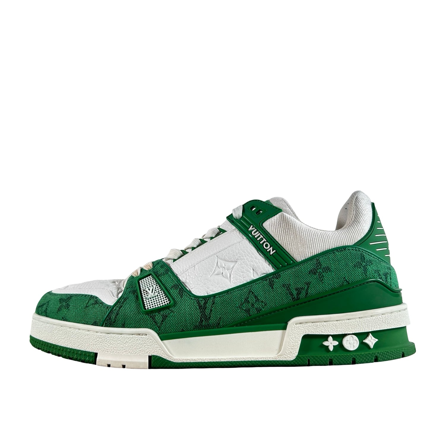 1A9JHV Louis Vuitton Trainer Green Monogram Denim White [USED] - 9 LV (10-10.5 US) (Used)