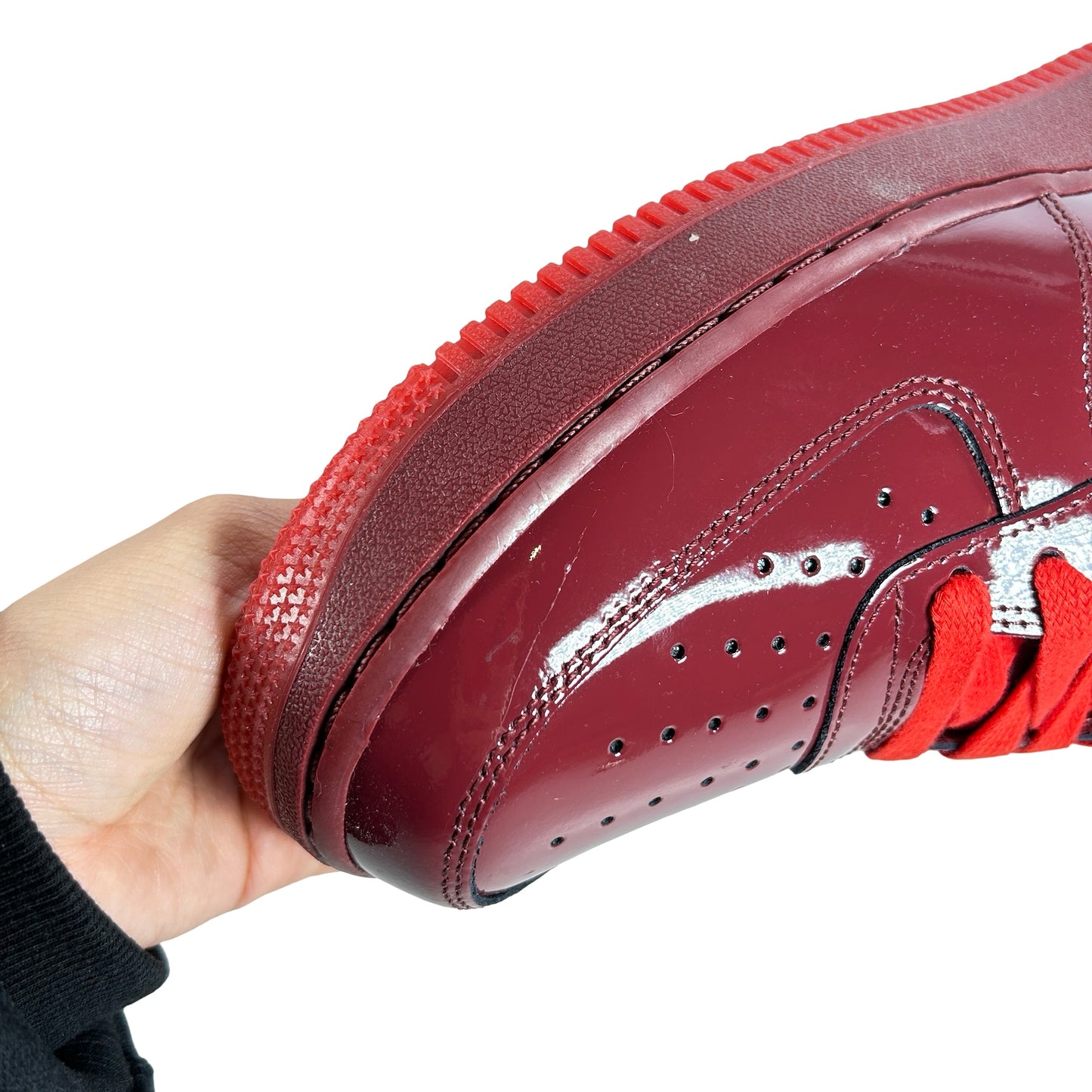 IO4489 601 Nike Air Force 1 Low Patent Leather Dark Team Red Safety Orange - 9.5 M (Small Scuff On Inner Right Heel)