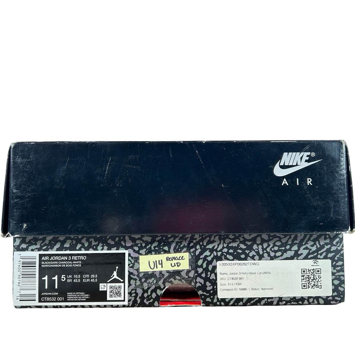 CT8532 001 Jordan 3 Retro Black Cat (2025) [USED] - 11.5 M (Used14) (Replace Lid)