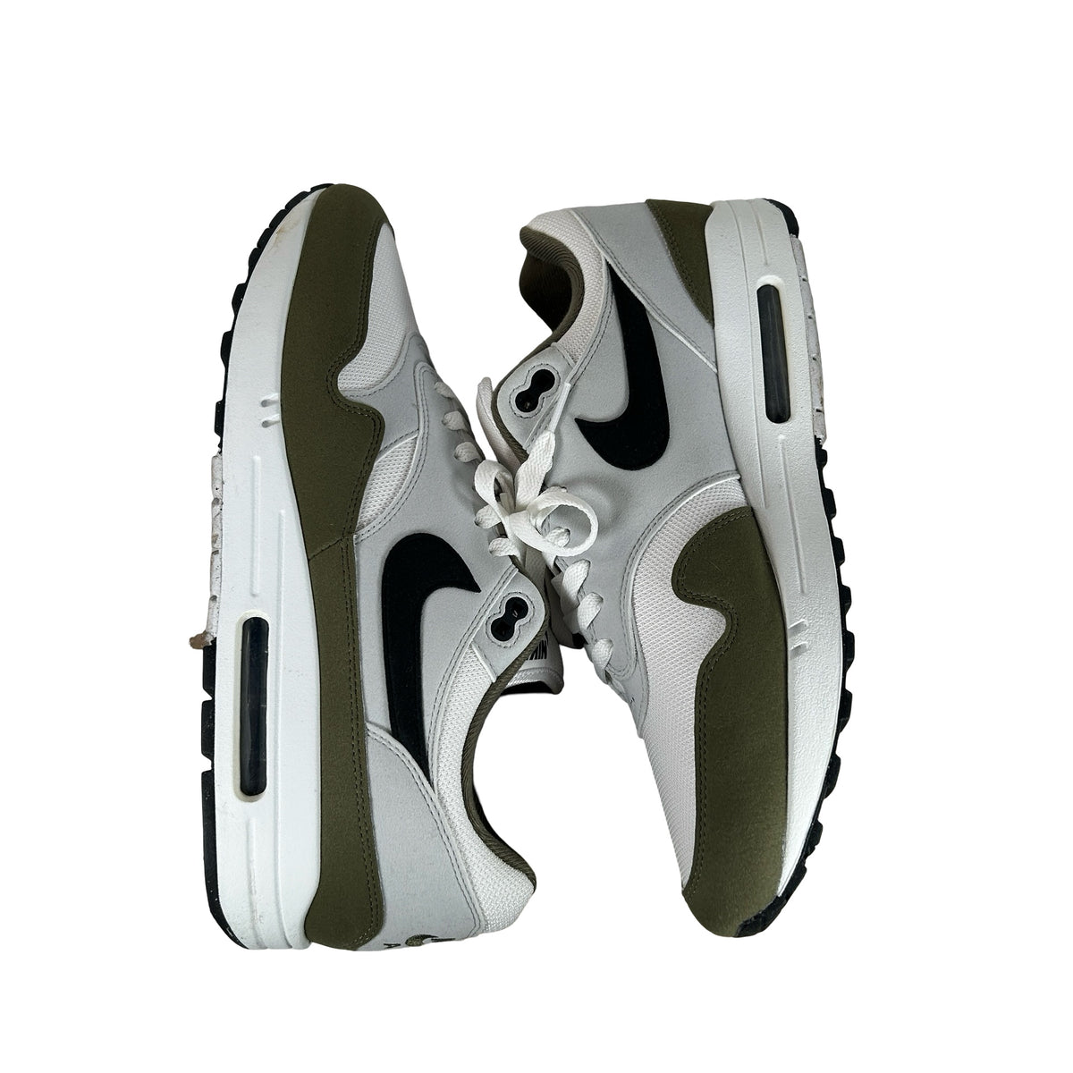 FD9082 102 Nike Air Max 1 White Black Medium Olive [USED] - 13 M (Used2)