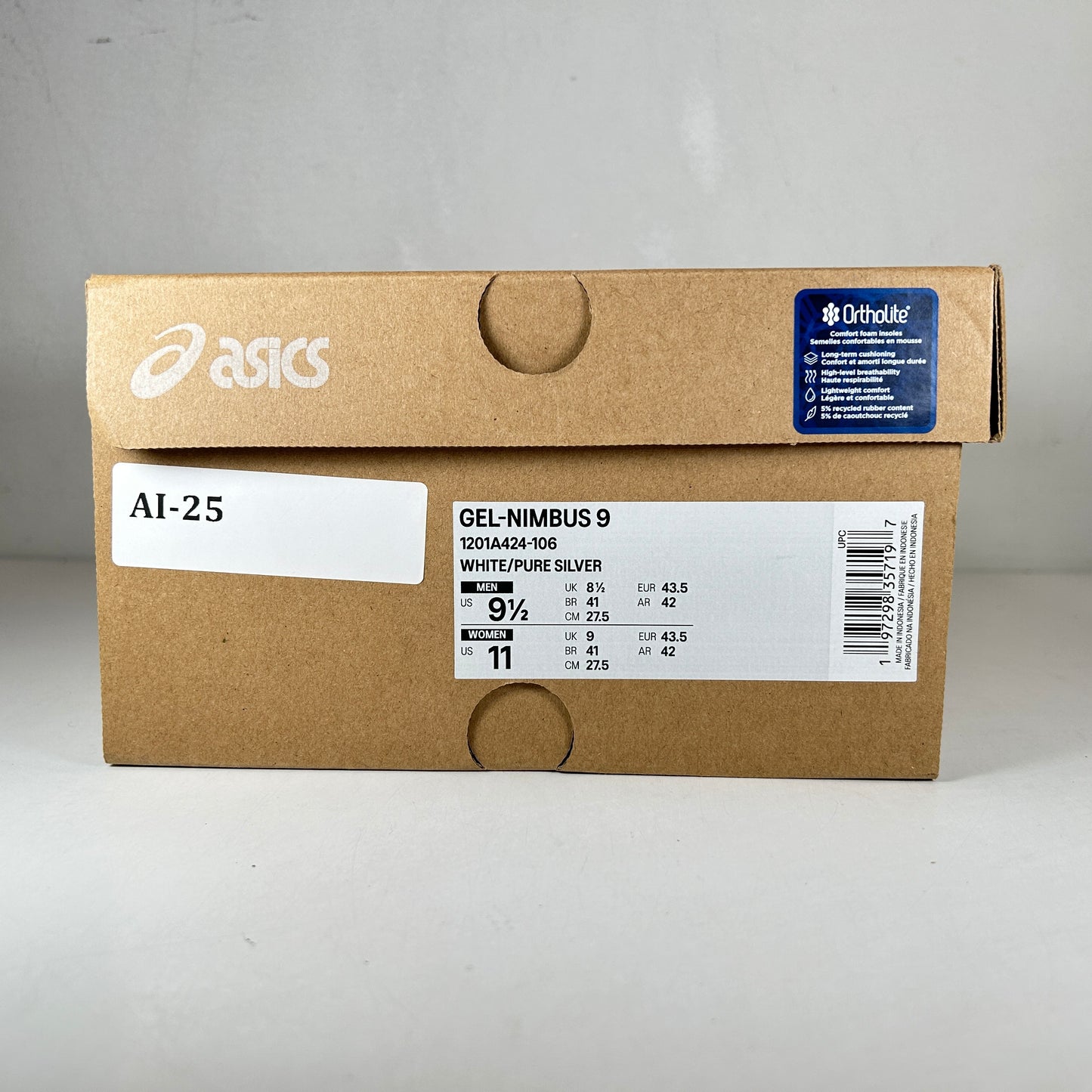 1201A424 106 ASICS Gel-Nimbus 9 White Pure Silver [USED] - 9.5 M (Used)