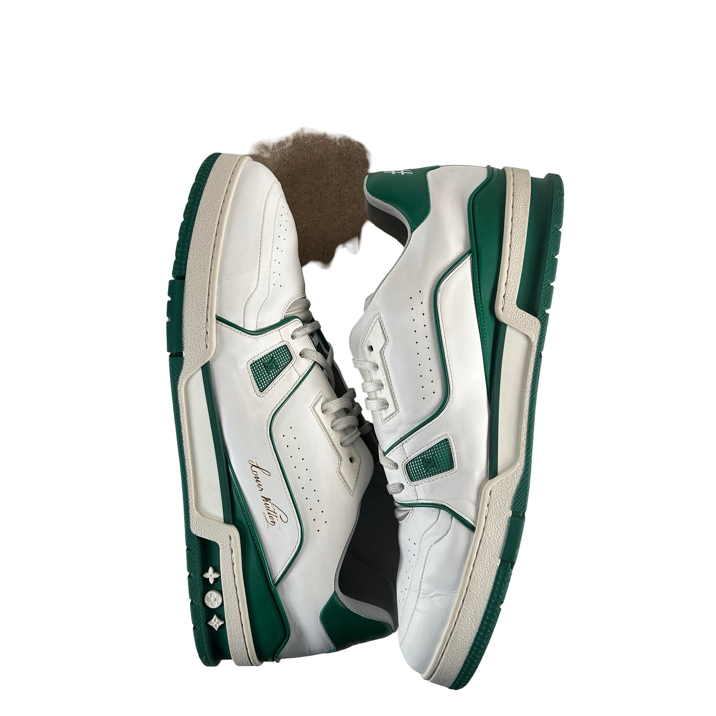 1A54HS Louis Vuitton LV Trainer Sneaker Low White Green [USED] - LV 13 (US 14.5) (Used) (No Box)