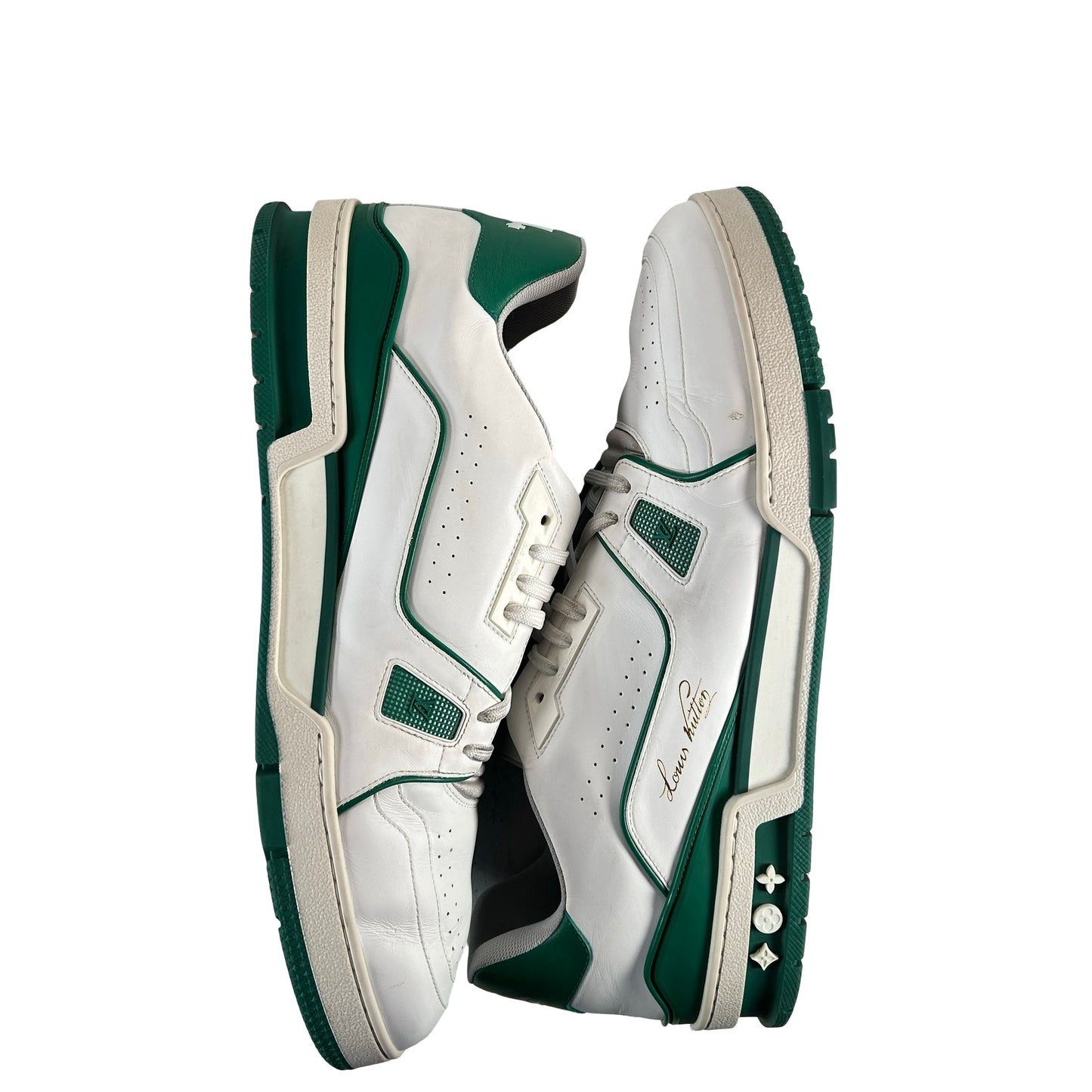 1A54HS Louis Vuitton LV Trainer Sneaker Low White Green [USED] - LV 13 (US 14.5) (Used) (No Box)