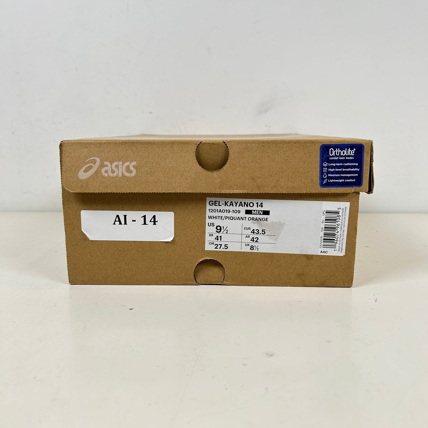 1201A019 109 ASICS Gel-Kayano 14 White Piquant Orange [USED] - 9.5 M (Used)