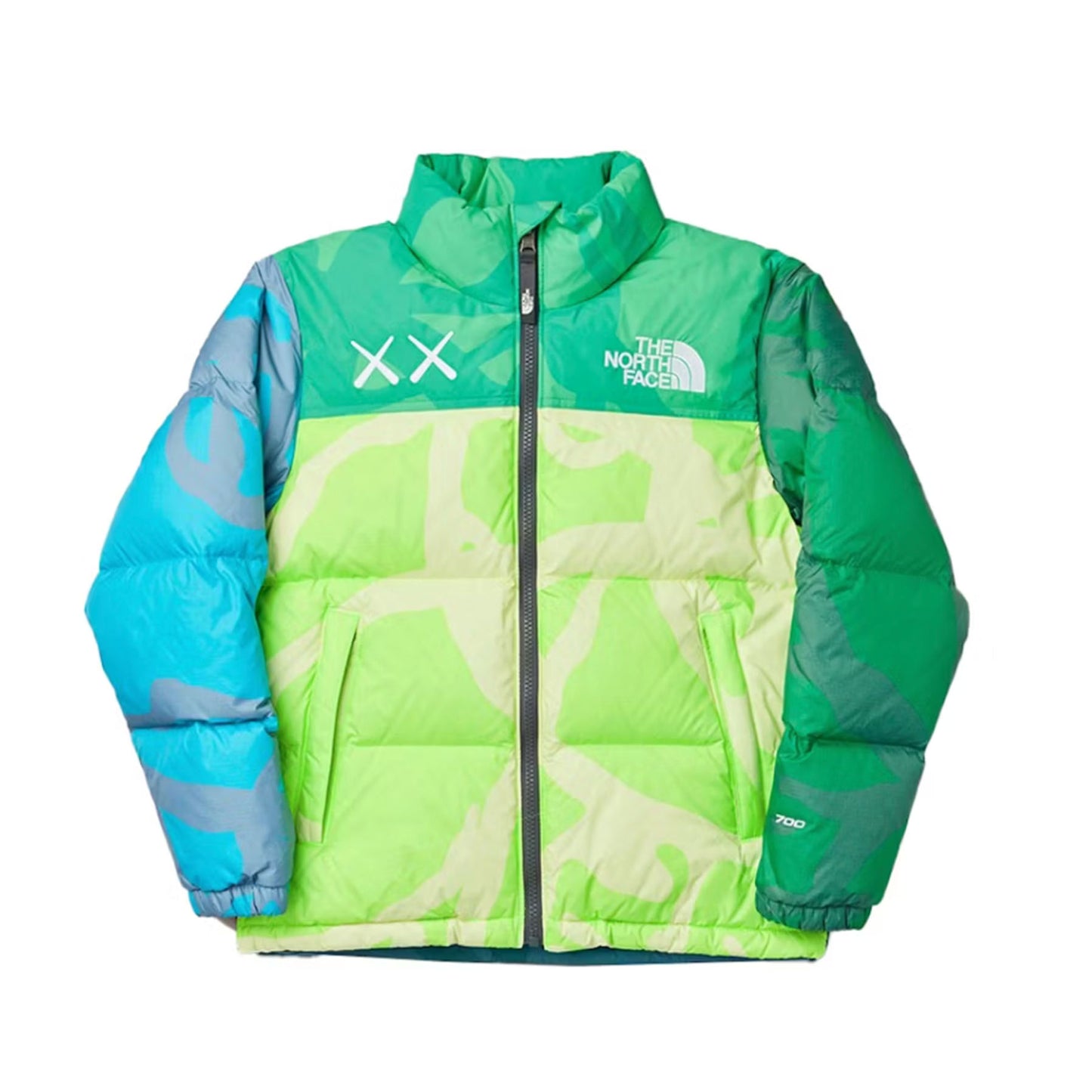 KAWS x The North Face Retro 1996 Nuptse Jacket Safety Green Nuptse Print [USED] - XL (Used)