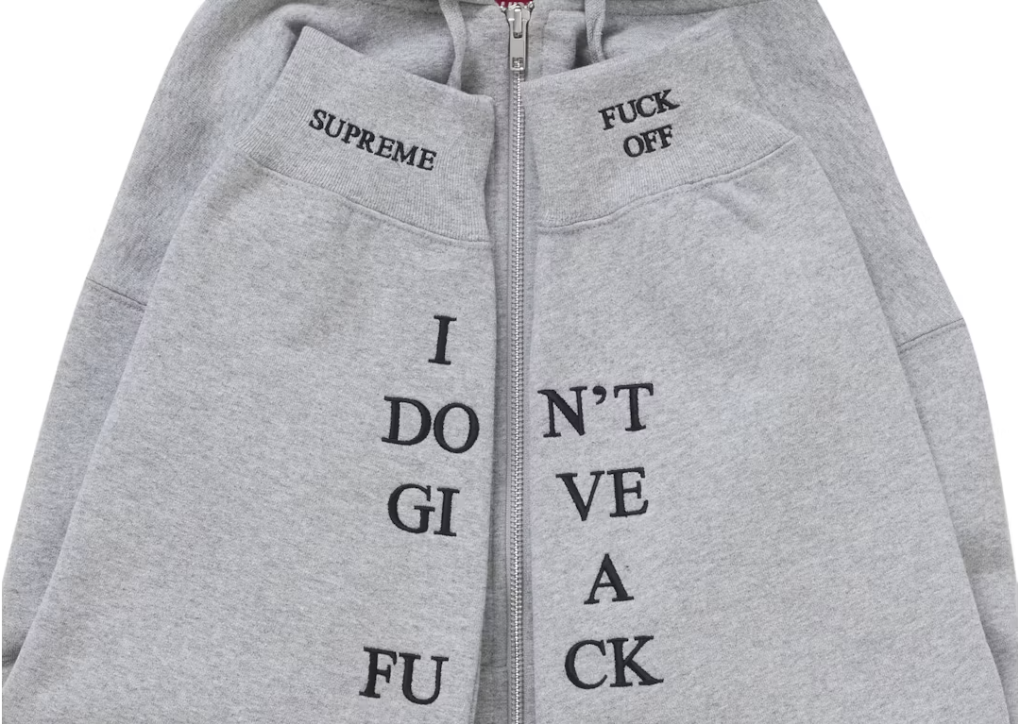 Supreme IDGAF Zip Up Hooded Sweatshirt Heather Grey