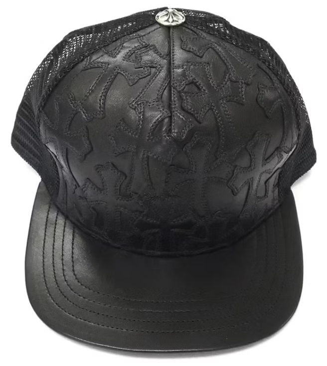 Chrome Hearts Cemetary Cross Leather Stitched Trucker Hat Black