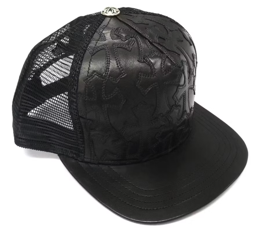Chrome Hearts Cemetary Cross Leather Stitched Trucker Hat Black
