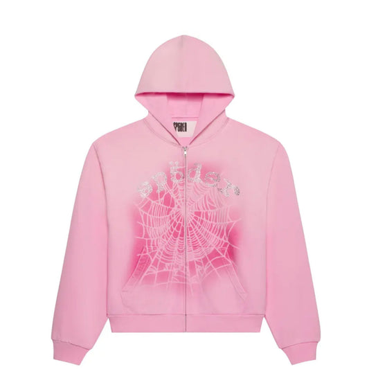 Sp5der OG Web V2 Spray Zip Hoodie Light Pink