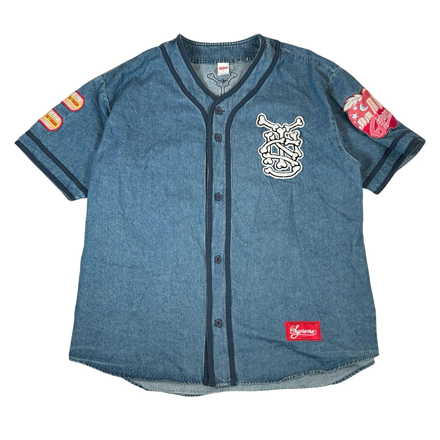 Supreme Patches Denim Baseball Jersey Denim [USED] - L (Used)