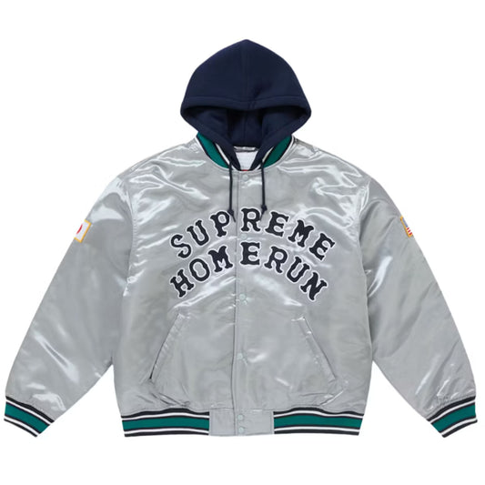Supreme Homerun Satin Hooded Varsity Jacket Silver