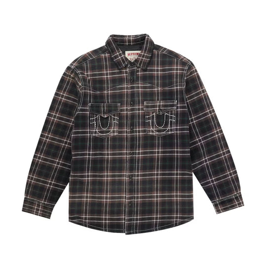 Supreme True Religion Quilted Lined Plaid Flannel Shirt Black