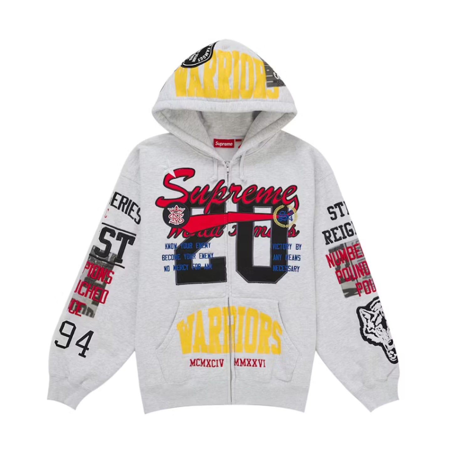 Supreme Warriors Applique Zip Up Hooded Sweatshirt Ash Grey