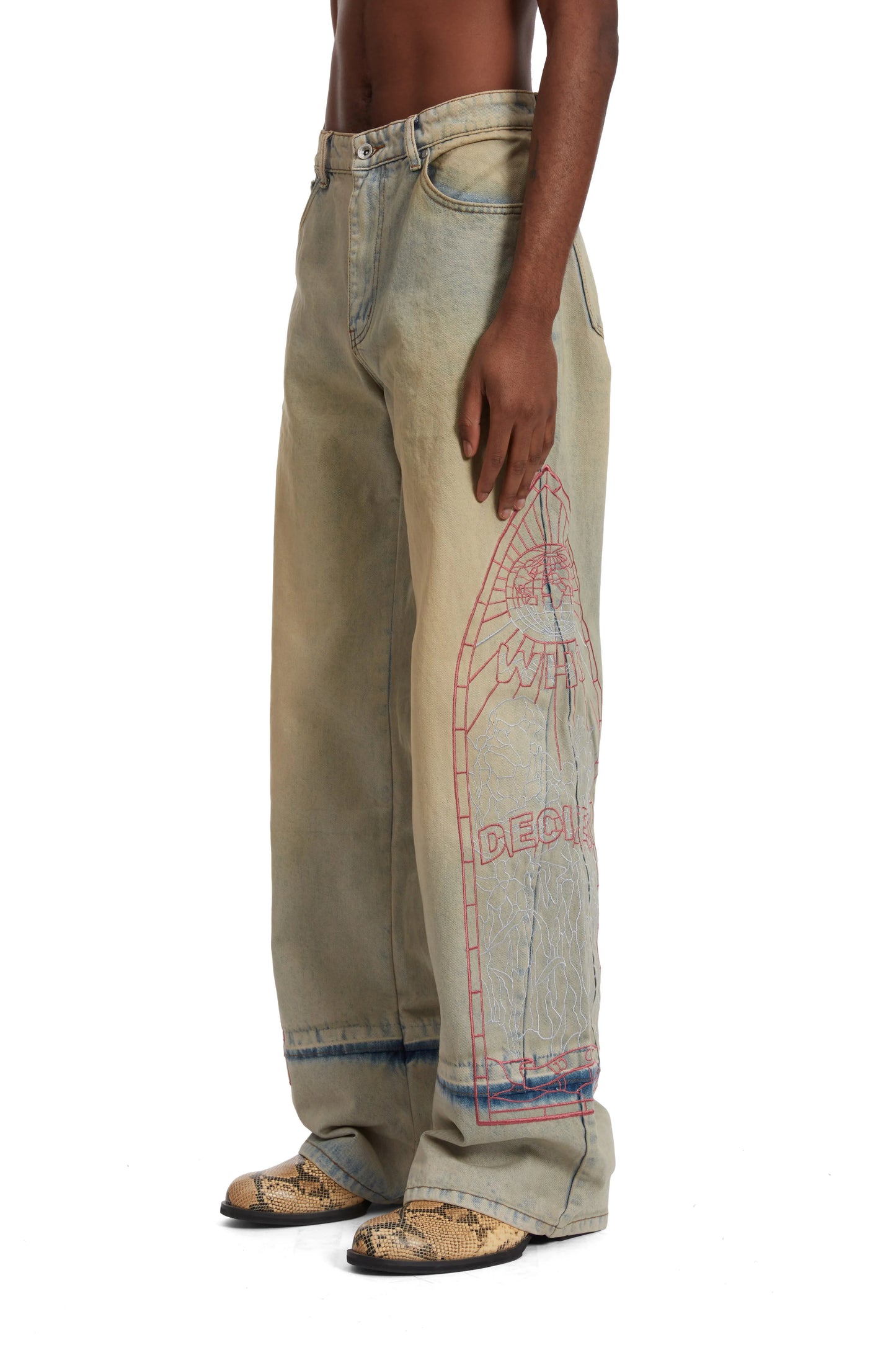 Who Decides War Extended Hem Embroidered Denim