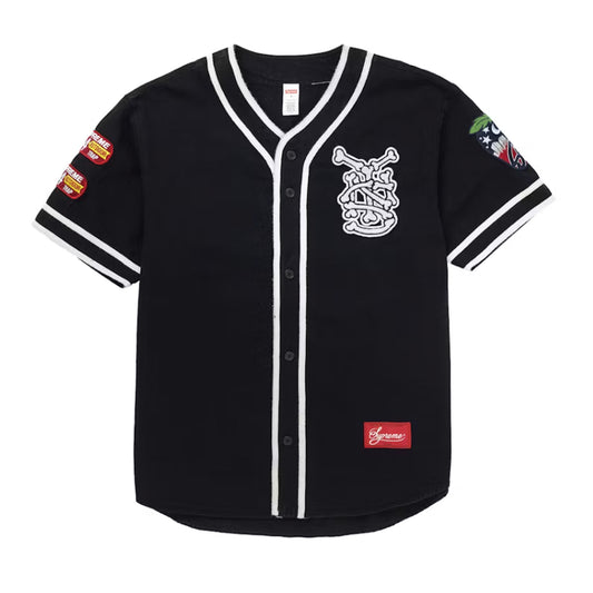 Supreme Patches Denim Baseball Jersey Black [USED] - L (Used)
