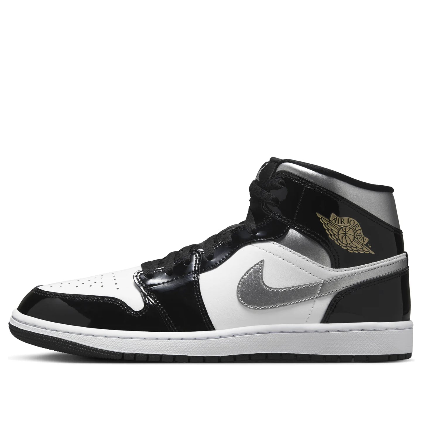 HV0789 010 Air Jordan 1 Mid SE Patent Black White Metallic Silver Metallic Gold
