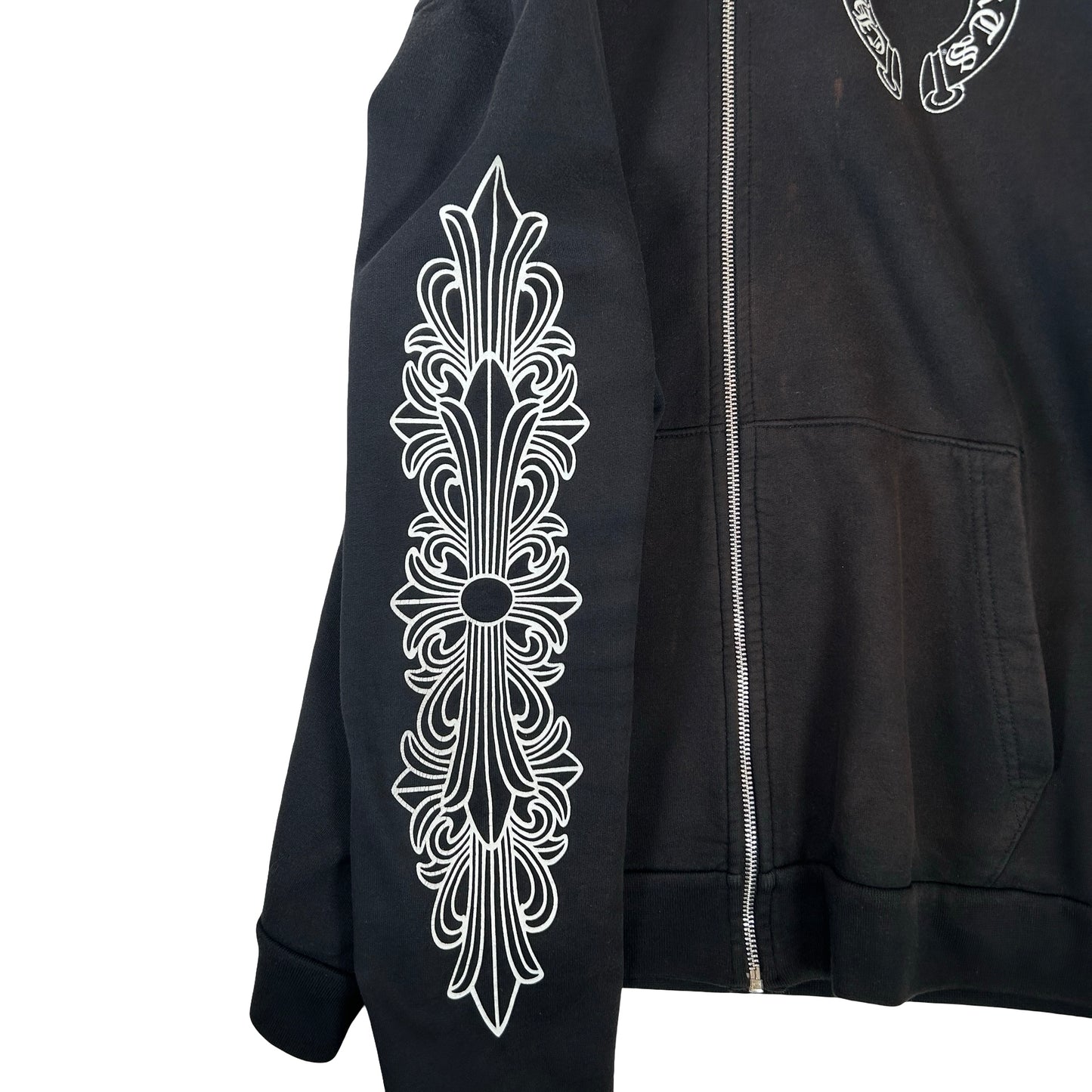 Chrome Hearts Horseshoe Floral Cross Sleeve Zip Up Hoodie Black/White [USED] - XL (Used)