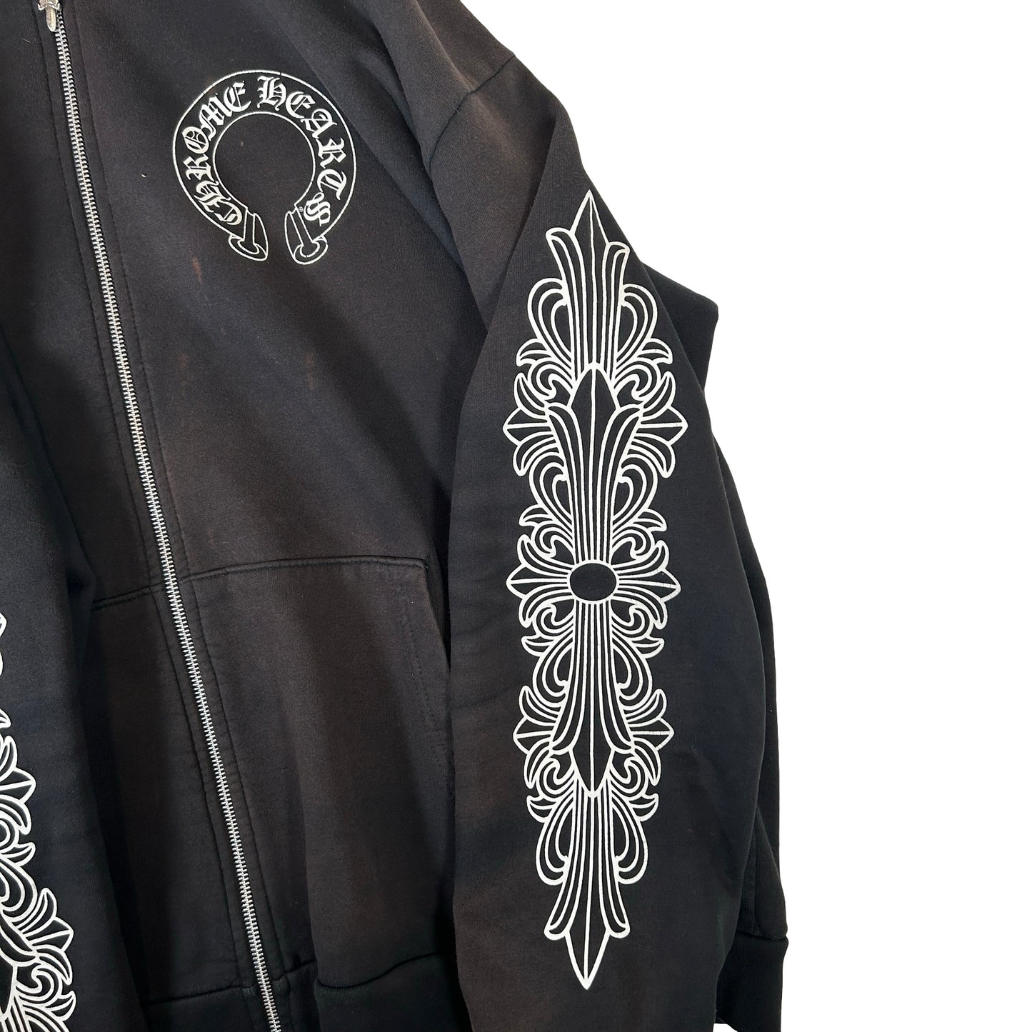 Chrome Hearts Horseshoe Floral Cross Sleeve Zip Up Hoodie Black/White [USED] - XL (Used)